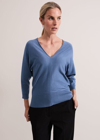 Phase Eight Gina V Neck Batwing Knitwear Blue USA | 6152970-XL